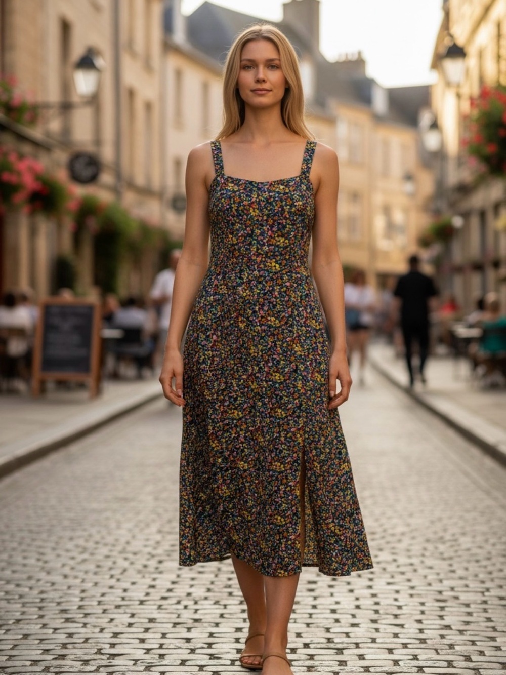 Zara Black Floral Midi Dress with Yellow & Pink Accents